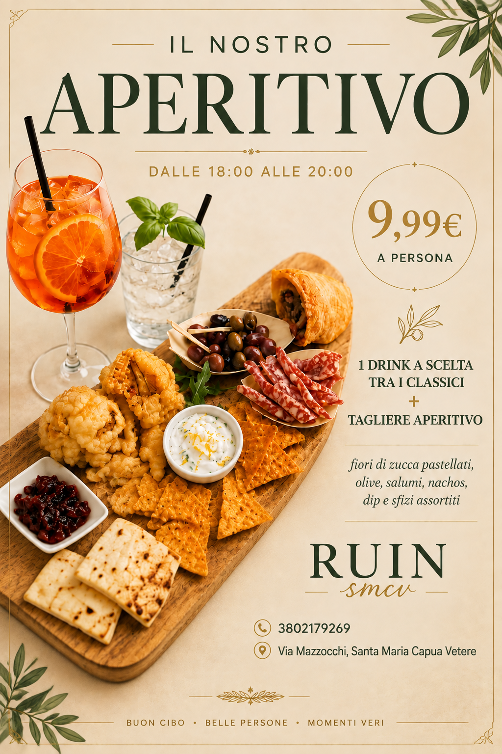 Il tagliere dell'aperitivo RUIN con drink e sfizi