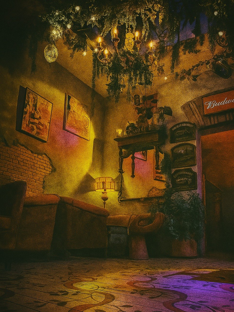 Angolo salotto di RUIN con lampade vintage e installazioni appese
